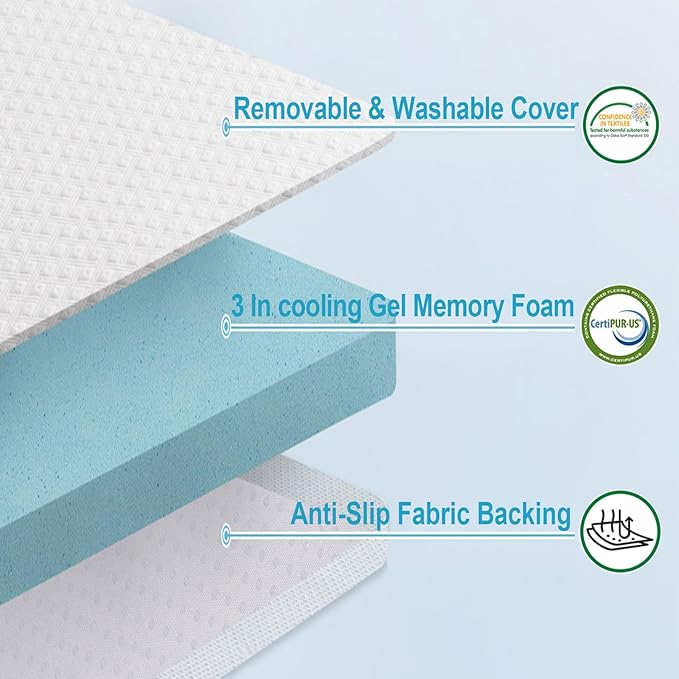 EDILLY 3 Inch Cooling Gel Memory Foam Mattress Topper Full Size,with Removable & Washable Bamboo Cover,Soft Breathable Mattress Pad,Bed Topper for Back Pain Relief (54x75)