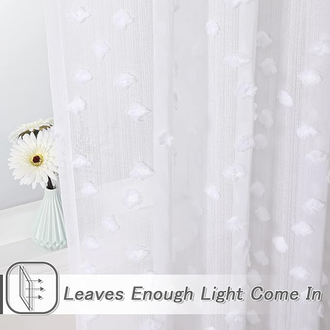 MYSKY HOME White Sheer Short Curtains with Pom Pom for Small Windows Bedroom Nursery Kids Girls Room Curtains Cafe Kitchen Light Filtering Boho Drapes, Rod Pocket,38 x 54 Inches, 2 Panels