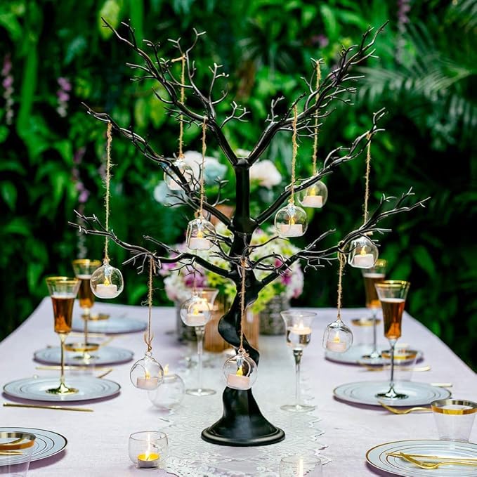 Sziqiqi Hanging Glass Globes Orbs Tea Light Candle Holders with Flameless LED Tealight for Wedding Ornaments, Wedding Birthday Christmas Party Centerpiece Accessory 2.36inch 100pcs +8 Extra