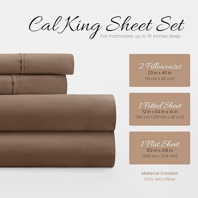 Linen Market Double-Brushed Microfiber California King Sheet Set 4 Piece – Oeko-TEX Certified Ultra Soft & Wrinkle-Free - 16" Deep Pocket Sheets Easy Care Cal-King Size - Taupe