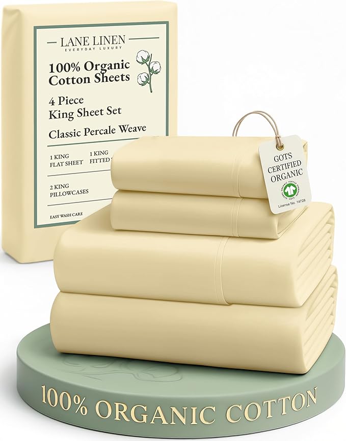LANE LINEN 100% Organic Cotton King Size Bed Sheets, All Season Soft & Comfy Fully Elasticized Mercized Cotton King Sheets, 15" Deep Pocket Luxury Bed Sheets King Size- Vanilla