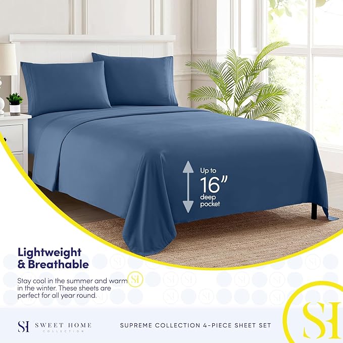 Queen Size Bed Sheets - Breathable Luxury Sheets with Full Elastic & Secure Corner Straps Built In - 1800 Supreme Collection Extra Soft Deep Pocket Bedding Set, Sheet Set, Queen, Denim
