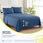 RV Queen Bed Sheets - Breathable Luxury Sheets with Full Elastic & Secure Corner Straps Built In - 1800 Supreme Collection Extra Soft Deep Pocket Bedding Set, Sheet Set, RV Short Queen, Denim