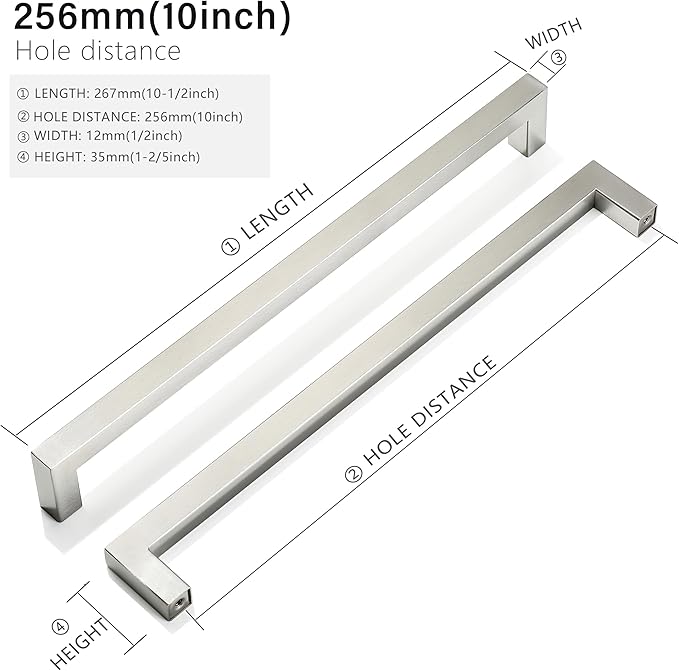 Cabinet Pulls Brushed Nickel Cabinet Handles Square Drawer Pulls, 50 Pack 10 Inch Stainless Steel Kitchen Door Cupboard Cabinet Handles, Cabinet Hardware Drawer Handles, 256mm Hole Centers