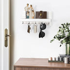 Decorative Key Holder for Wall with Shelf, Entryway Shelf with Hooks Holds Leashes, Jackets and Glasses – Sturdy Wood Keyholder Entrance Hanger with Mounting Hardware (White, Medium)