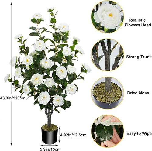43.3"/3.6FT Artificial Camellia Tree Fake Outdoor Tree with 32 Blooming Flowers White Tree for Summer Home Front Door Indoor Decor (Including Dried Moss)