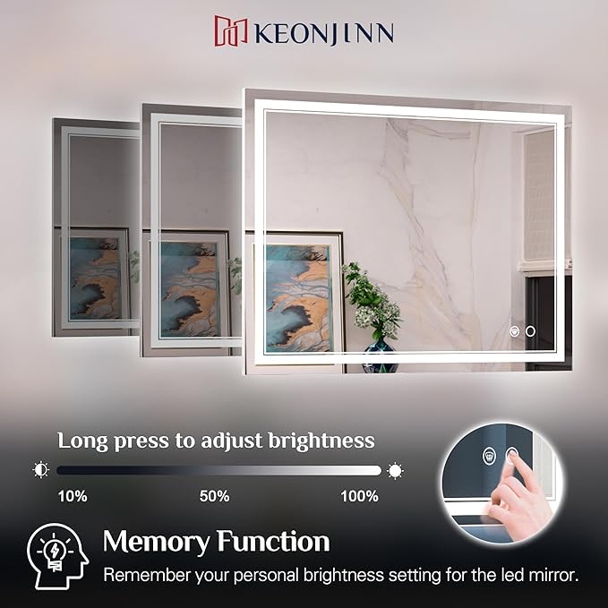 Keonjinn Lighted Bathroom Mirror, 42 x 32 Inch Bathroom LED Mirror with Lights, Frontlit Only, HD Tempered Glass, UL-Listed LED Driver, Anti-Fog, 6000K Dimmale, Easy Installation(Horizontal/Vertical)