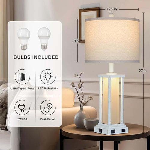 27" Tall Vintage Table Lamp Set of 2 with USB C+A & Outlet,Nightstand Lamp for Living Room,Bedside Lamps with Frosted Glass Night Light for Bedroom Entryway,White
