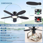 Ceiling Fans with Lights and Remote/APP Control, 52 inch Low Profile Ceiling Fans with Dimmable White + RGB Ring Lights, 6 Speeds 5 Curved Blades for Kids Room Bedroom Bar, Black