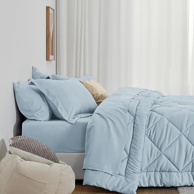 Love's cabin California King Comforter Set Light Blue, 7 Pieces California King Bed in a Bag, All Season Bedding Sets with 1 Comforter, 1 Flat Sheet, 1 Fitted Sheet, 2 Pillowcase and 2 Pillow Sham