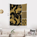 Batmerry Black Oriental Tapestry,Gold Japanese Fan Wall Art Hanging Decoration Polyester Fiber White Ruffled Around for Dorm Room Bedroom Living Room, 59.1x39.4 inches