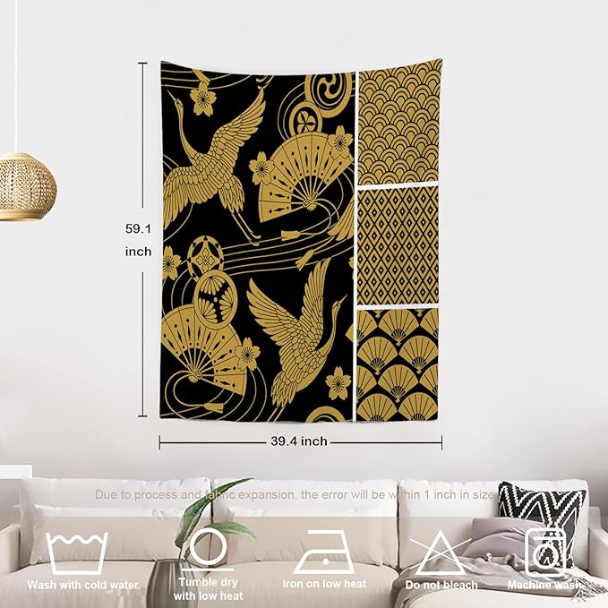 Batmerry Black Oriental Tapestry,Gold Japanese Fan Wall Art Hanging Decoration Polyester Fiber White Ruffled Around for Dorm Room Bedroom Living Room, 59.1x39.4 inches