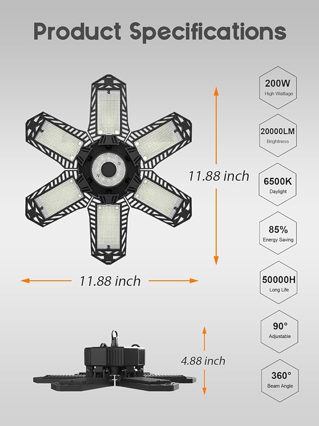 SEOBIOG LED Garage Lights 8 Pack, 200W 20000LM Plug in Linkable LED Shop Light, 6500K Ceiling Light Fixtures with 6+1 Deformable Panels for Garage, Work Bench (Built-in ON/Off Switch)