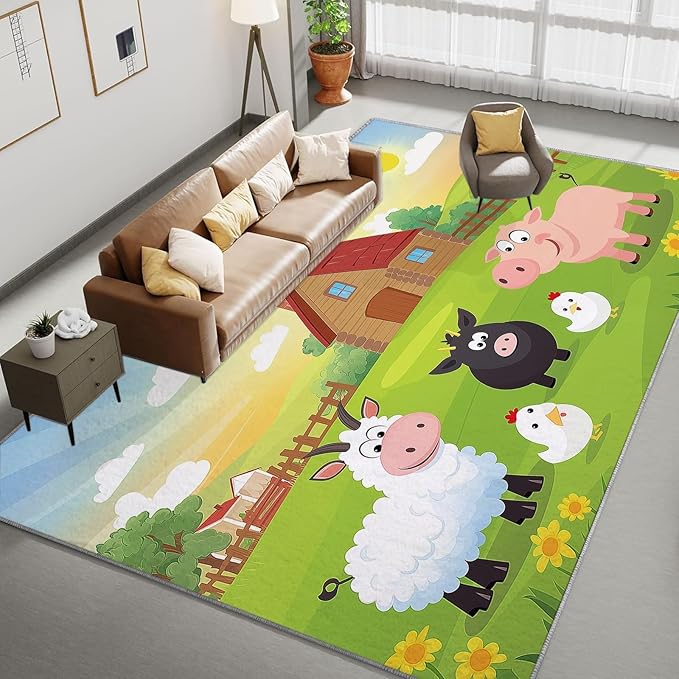 Area Rugs for Living Room 8x10 ft Cartoon Farm Sheep Pig Non Slip Area Rug, Ultra Soft Low-Pile Floor Carpet, Durable Washable Rug for Bedroom, Dining Room, Home Office