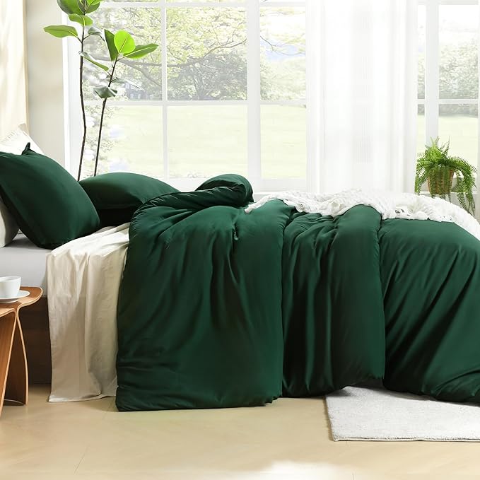 Litanika Dark Emerald Green Full Comforter Set, 3 Pieces Solid Forest Bedding Set, All Season Fluffy Bed Set (79x90In Comforter & 2 Pillowcases)
