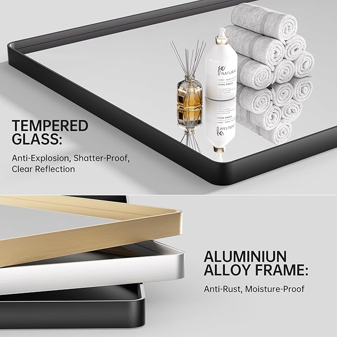 Hasipu 2 PCS Bathroom Mirror for Wall, 36 x 30 Inch Gold Metal Framed Bathroom Mirrors for Over Sink, Rectangle Bathroom Vanity Mirror, Anti-Rust, Tempered Glass, Horizontal or Vertical