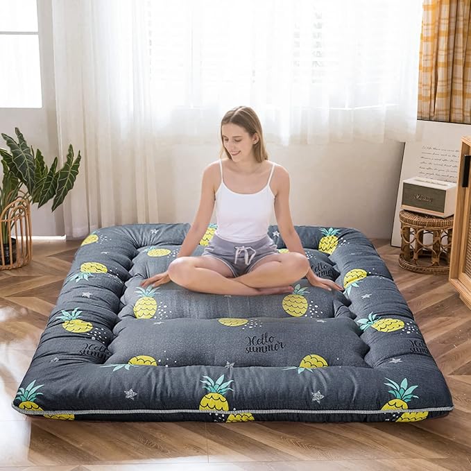 MAXYOYO Grey Pineapple Japanese Floor Futon Mattress, Tatami Floor Mat Portable Camping Mattress Kids Sleeping Pad Foldable Roll Up Floor Lounger Couch Bed Full Size with Mattress Protector Cover