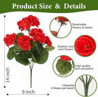 NESCCI 16 Pack Artificial Geranium Flowers for Outdoors UV Resistant Artificial Flowers Silk Geranium Fake Flowers Faux Flower for Outdoor Planters Garden Plants Window Sill Courtyard Home Decor(Red)