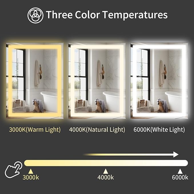 Koonmi 30x60 LED Bathroom Mirror, Backlit + Front Lit, LED Bathroom Mirror with Lights for Wall, 3 Colors, Anti-Fog, Dimmable Brightness, Memory Function, Tempered Glass