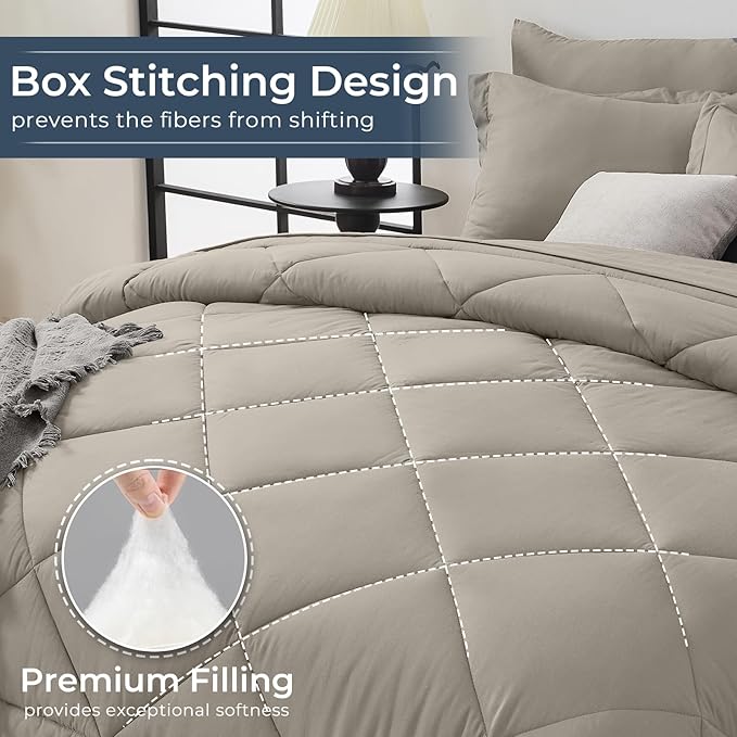 HEVUMYI Oatmeal Full Comforter Set - 7-Piece All Season Bed in a Bag Full, Ultra Soft Bedding Set with Comforter, Flat Sheet, Fitted Sheet, Pillowcases, Pillow Shams