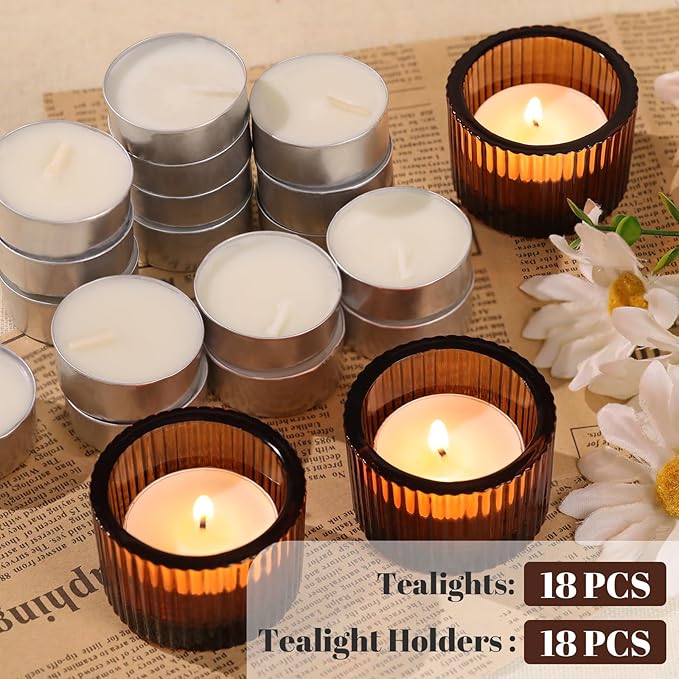 18 pcs Amber Tealight Candle Holders with 18PCS Tealights, Glass Votive Candle Holders Set for Table Centerpiece, Home Decor and Party Supplies