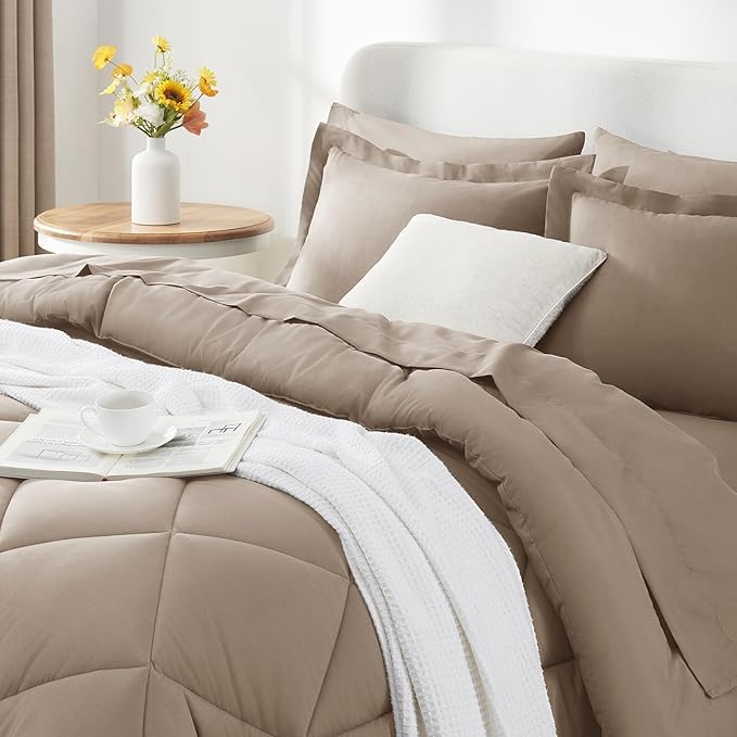 CozyLux King Size Comforter Set Khaki - 7 Pieces Bed in a Bag King, Luxury Soft Bed Set for All Seasons, Bedding Set with Down Alternative Comforter, Sheets, Pillowcases & Shams