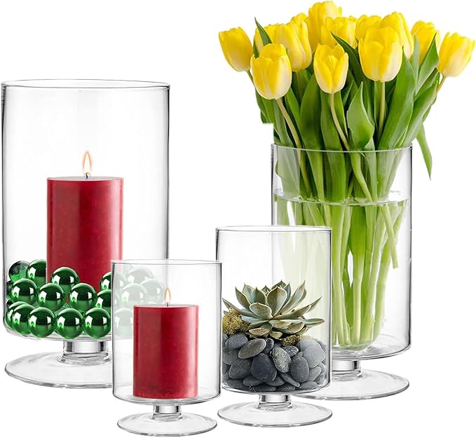 CYS EXCEL Glass Hurricane Pillar Candle Holder (H:10" W:6") | Multiple Size Choices Short Stem Candle Centerpieces | Stemmed Glass Cylinder Candle Vase