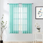 Treatmentex Aqua-Blue Pom-Pom Sheer Curtains for Bedroom Nursery Room 63inches Long Linen Textured Window Sheer Drapes 52" W, 1 Pair, Rod Pocket