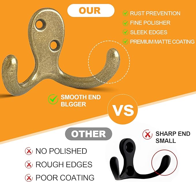 25 Pack Coat Hooks Wall Hooks for Hanging, Heavy Duty Double Prong Metal Hook Wall Mounted for Living Room, Bathroom, Kitchen, Bedroom for Coat, Bag, Scarf, Towel, Hat, Key, Cup (Bronze)
