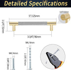 Knurled Cabinet Pulls 2 Pack, 5 Inch Long Cabinet Handles Metal Door Pulls, Kitchen Drawer Pull Knurled Dresser Handles - 3 3/4" Hole to Hole, Grey & Gold