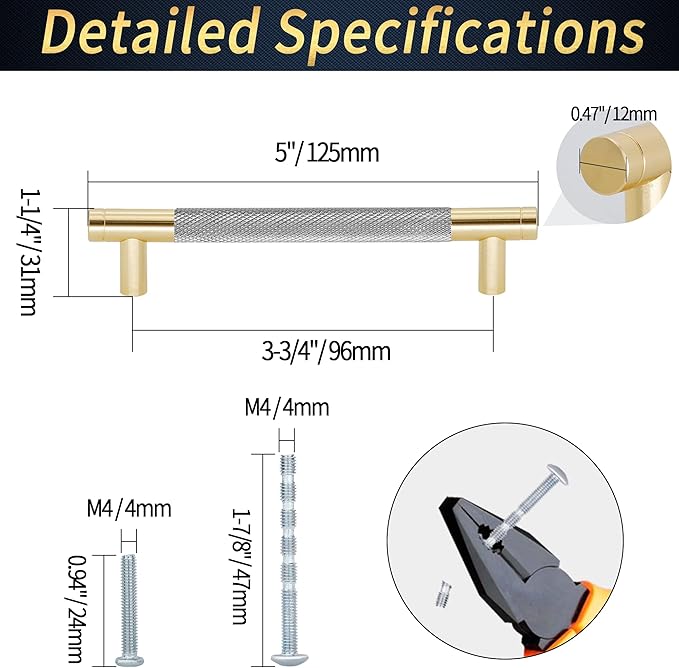 Knurled Cabinet Pulls 2 Pack, 5 Inch Long Cabinet Handles Metal Door Pulls, Kitchen Drawer Pull Knurled Dresser Handles - 3 3/4" Hole to Hole, Grey & Gold