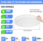 SunRider 4-Pack LED Flush Mount Ceiling Light Fixture, 5000K Daylight White, 2400LM, 12 Inch 24W Round Flat Recessed Lamp, 240W Equiv., Non-Dimmable