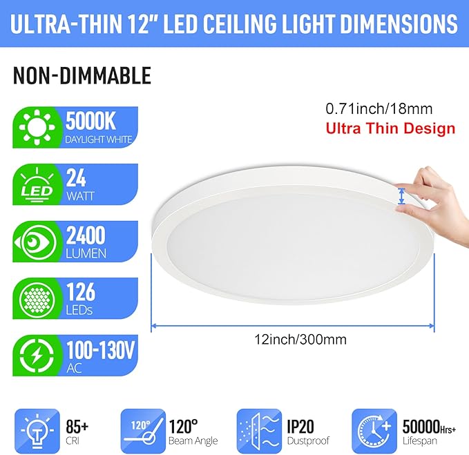 SunRider 4-Pack LED Flush Mount Ceiling Light Fixture, 5000K Daylight White, 2400LM, 12 Inch 24W Round Flat Recessed Lamp, 240W Equiv., Non-Dimmable