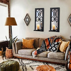 Wood Wall Sconce Candle Holder Set 2, Rustic Candle Sconces, Farmhouse Hanging Wall Décor, Carved Wood Frame, Mirrored Wall Accent