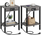VIMBER Set of 2 End Table with Charging Station, Narrow Side Table with USB Ports and Outlets, Nightstands with 2-Tier Storage Shelves, Sofa Table for Small Space Living Room Bedroom, Grey