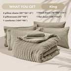 HYMOKEGE Linen King Size Comforter Set Seersucker 7 Pieces, All Season Luxury Bed in a Bag for Bedroom, Bedding Set with Comforter, Sheets, Pillowcases & Shams