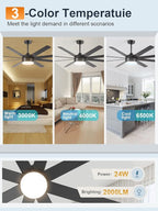 YUHAO 72 Inch Black Ceiling Fan with Light and Remote Control.Noiseless,Dimmable,3CCT,6 Speeds Reversible, DC Ceiling Fans for Indoor or Covered Outdoor