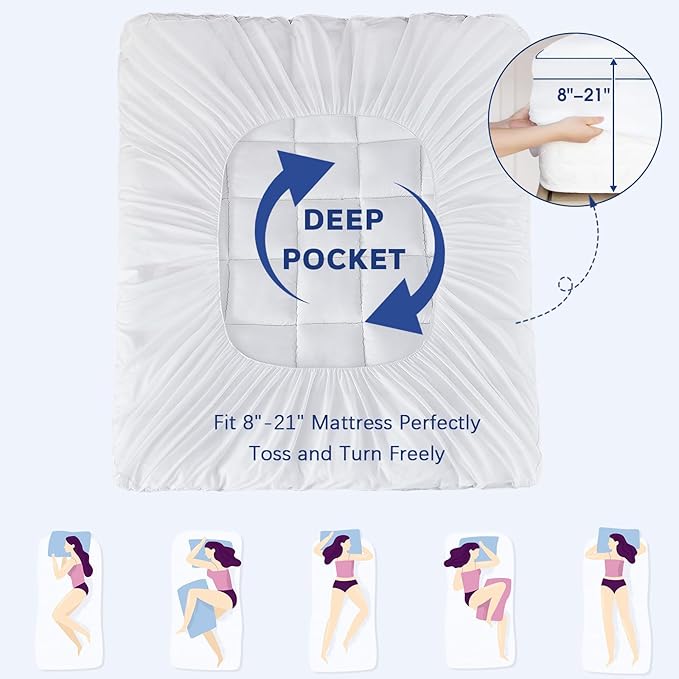 CYMULA Full Size Mattress Topper, Cooling Mattress Pad Cover Waterproof, Extra Thick Pillow Top Mattress Topper with 8-21 Inch Elasticated Pockets, Firm Plush Down Alternative Fill Mattress Protector