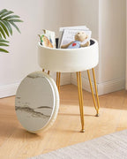 IBUYKE Faux Leather Round Footrest Stool with Storage Ottoman, Makeup Vanity Chair Side Table, PU Dressing Table Seat, Removable Cover, Golden Steel Legs, White WBD024W