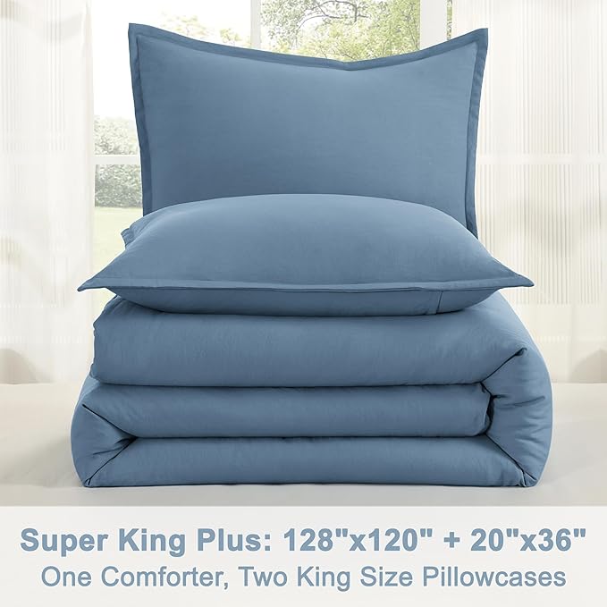 Litanika Oversized King Comforter Set Grayish Blue Super King Plus Size, 3 Pieces Lightweight Solid Bedding Comforter Set, All Season Fluffy Bed Set (128x120In Comforter & 2 Pillowcases)