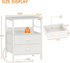 Furologee Night Stand with Charging Station, Bedside Table with Fabric Drawers, End Table with USB Ports & Outlets, White Nightstand with Storage Shelf & Hooks, for Living Room/Bedroom, White