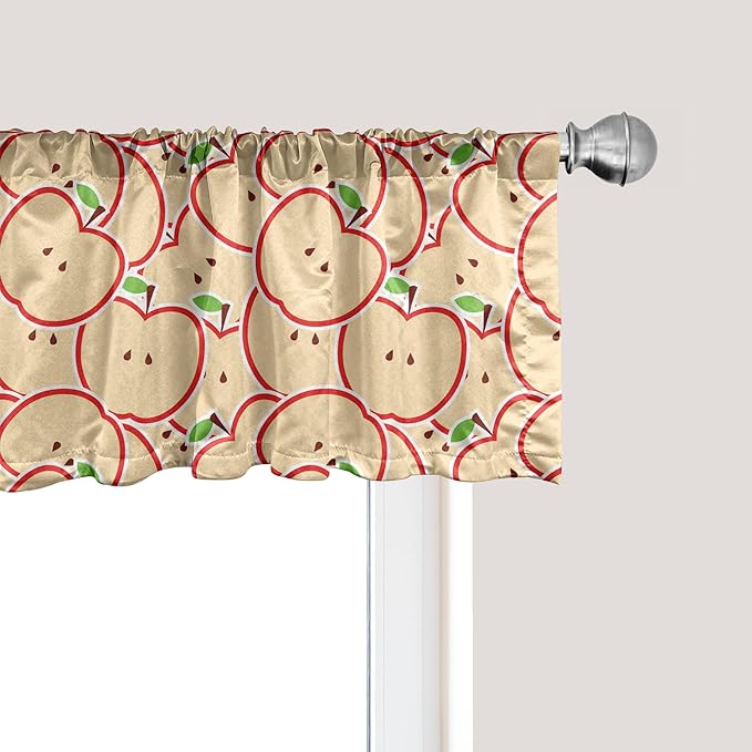 Ambesonne Fruits Window Valance Pack of 2, Modern Illustration Fruit from Abstract Cartoon Drawing Outline Look, Rod Pocket Curtain Valances for Kitchen Bedroom, 42" X 12", Apple Green Beige and Red