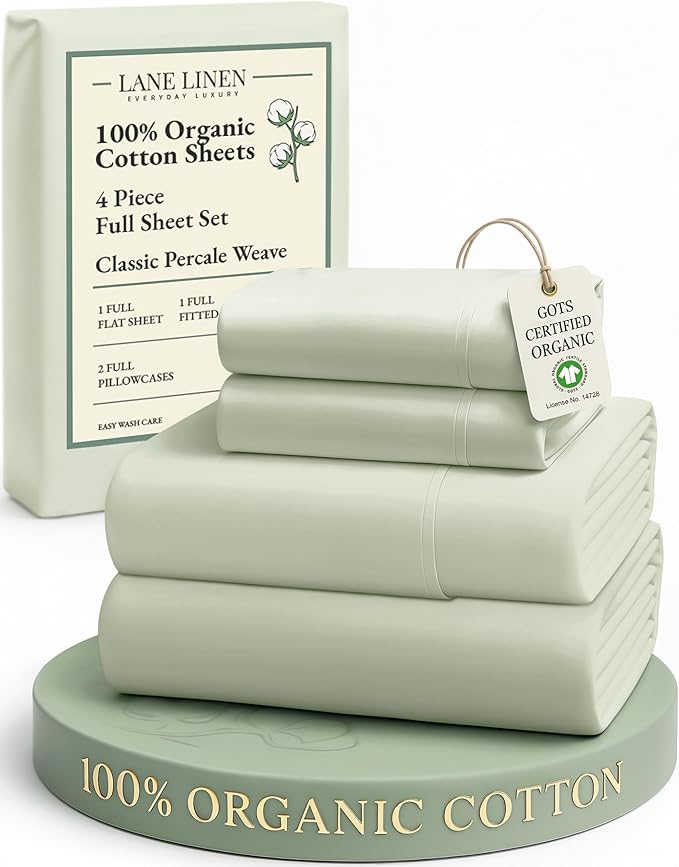 LANE LINEN 100% Organic Cotton Eco Friendly Full Size Sheet & Pillowcase Sets, Fully Elasticized Soft & Comfy Percale Bedding, Naturally Temperature Regulating Cotton Sheets Full- Mineral