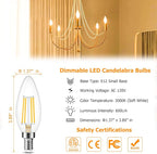 Cotanic E12 LED Bulb Dimmable 3000K Soft White, LED Candelabra Bulbs 60Watt Equivalent, Small Base Type B Light Bulbs, Candle Shape Chandelier Light Bulbs Clear Glass, 600LM, 10 Pack