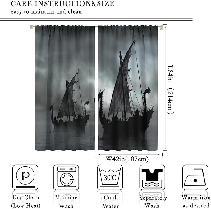Viking Ship Blackout Curtains,Gloomy Misty Lake Landscape Fantasy Black White Color Sailing Dragon Boat Window Drapes for Boys Girls Bedroom Living Room,Norse Decor 84x84in