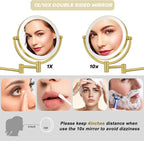 Make up Mirror Wall Mounted Lighted 10X Magnifying Hard Wired, Double Sides 3 Color Lighting Touch Dimming 360 Swivel Extended Arm Shaving Mirror for Bathroom, Brushed Gold
