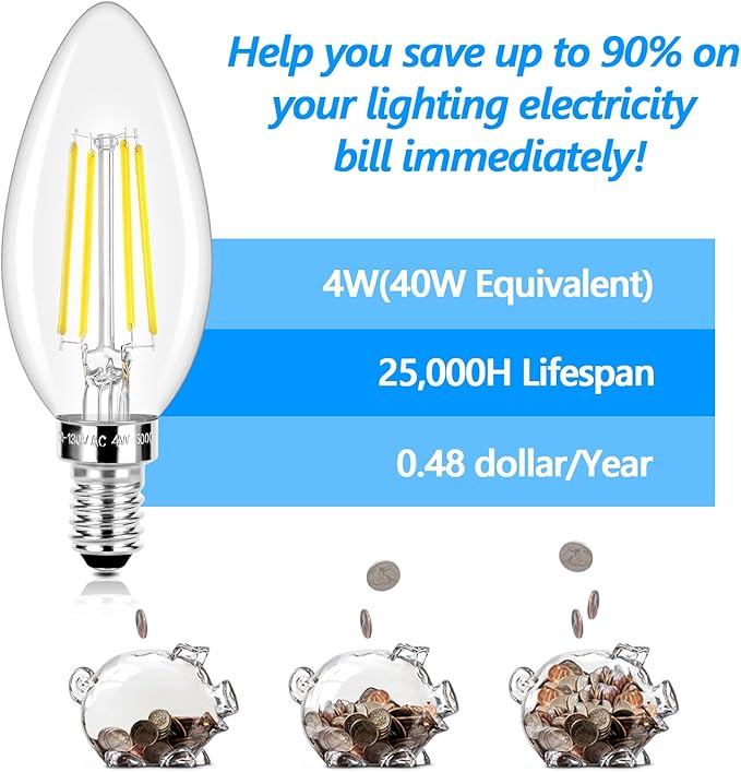 LED Candle Bulbs 40W Equivalent, E12 Candelabra Light Bulbs 4W 470Lm Clear Edison LED Bulb, Daylight White 5000K B11 Classic Bright Filament Bulb, Dimmable Decorative Bulbs for Lamps, Pack of 20