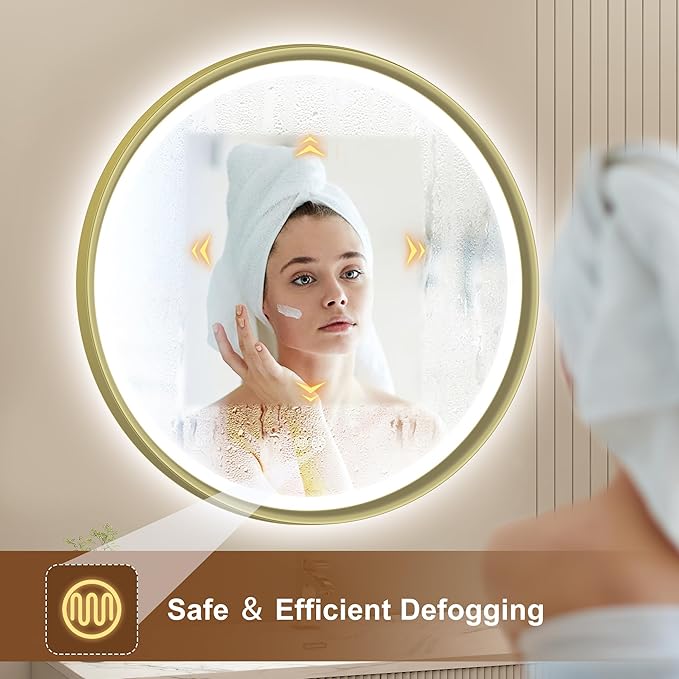 S'bagno 24'' Round Gold LED Mirror for Bathroom with Frontlit & Backlit, LED Vanity Mirror with Metal Frame, Anti-Fog, Stepless Dimmable, 3 Colors Temperature