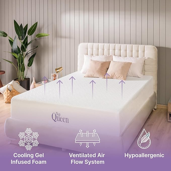 NapQueen 6 Inch Cooling Gel Twin Size Medium Firm Memory Foam Mattress, Bed in a Box, White