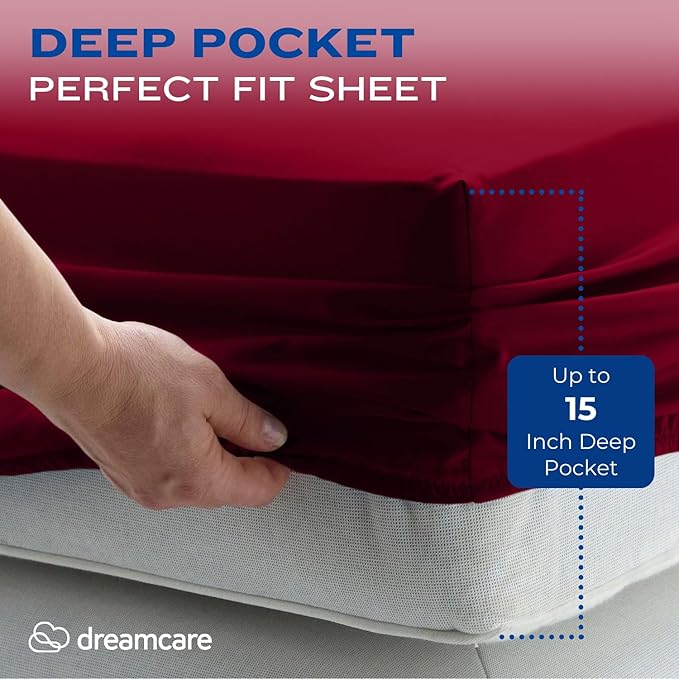 DREAMCARE King Size Sheets Set - Cooling Bed Sheets - 4pcs Set - up to 15" Deep Pocket King Sheet Set – Soft & Long Lasting Cooling - 100% Fine Brushed Polyester with Side Pocket - Burgundy